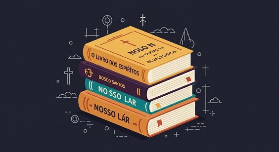 Ilustração minimalista de uma pilha de livros com O Livro dos Espíritos no topo, representando os livros básicos do espiritismo.