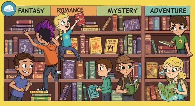 Grupo de adolescentes lendo e conversando em um clube do livro animado