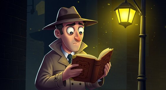 Um detetive lendo um livro misterioso à luz de um poste - melhores livros de mistério